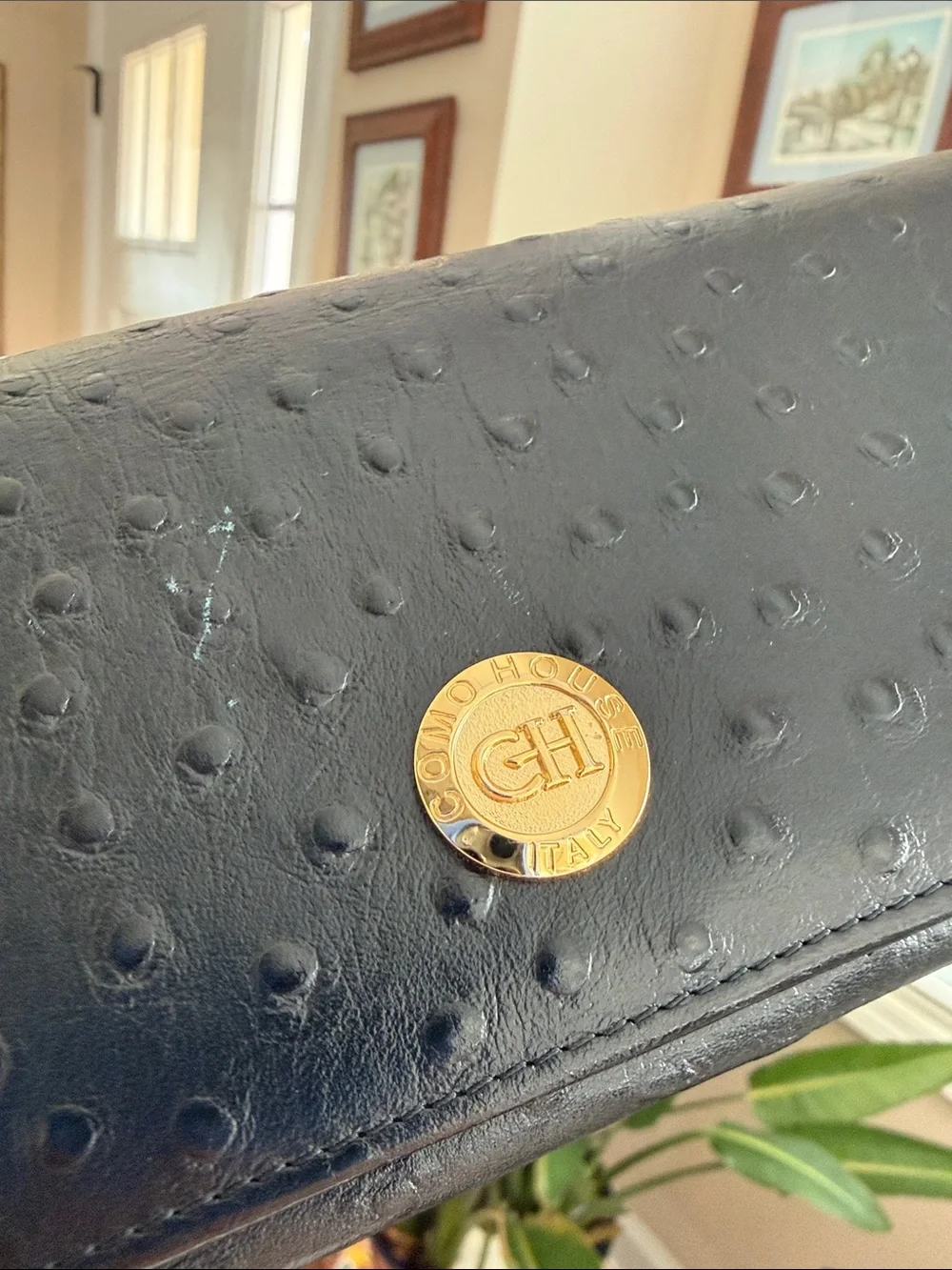 ITALIAN Black Ostrich-Texture Continental Wallet with Gold Emblem